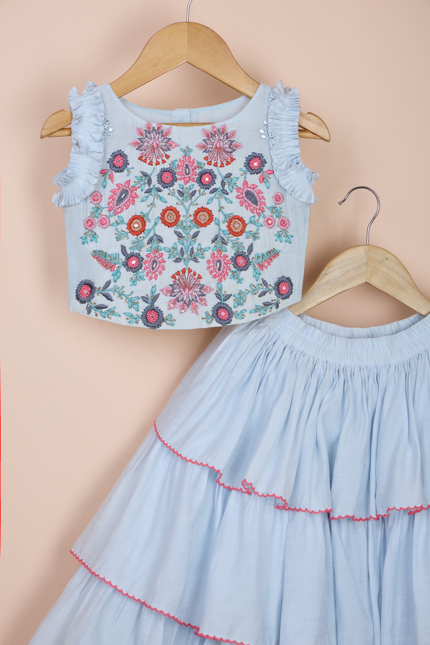 Baby Blue Crepe Silk Hand Embellished Lehenga Set For Girls