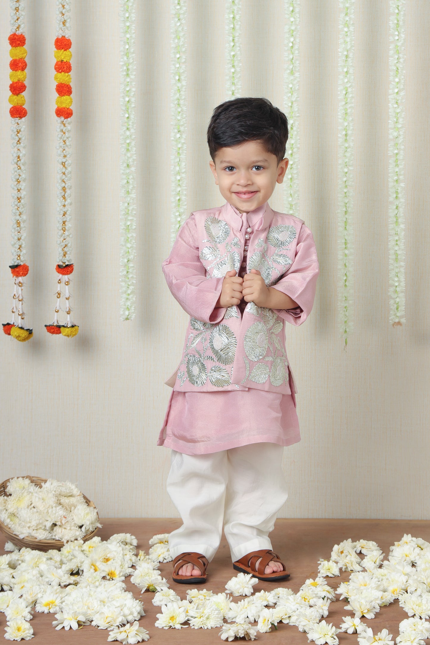 Shimmery Pink Kurta With Front Open Gota Embroidered Jacket And Pyjama