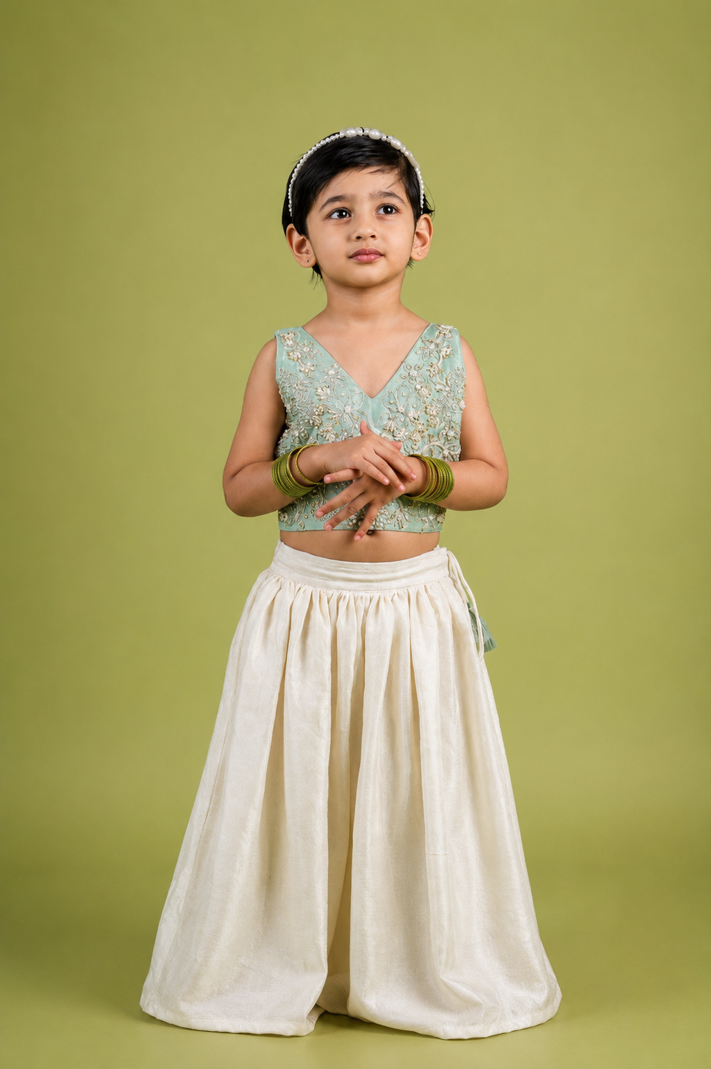 Mint Green Dori and Moti Hand Embroidered Palazzo Blouse Set