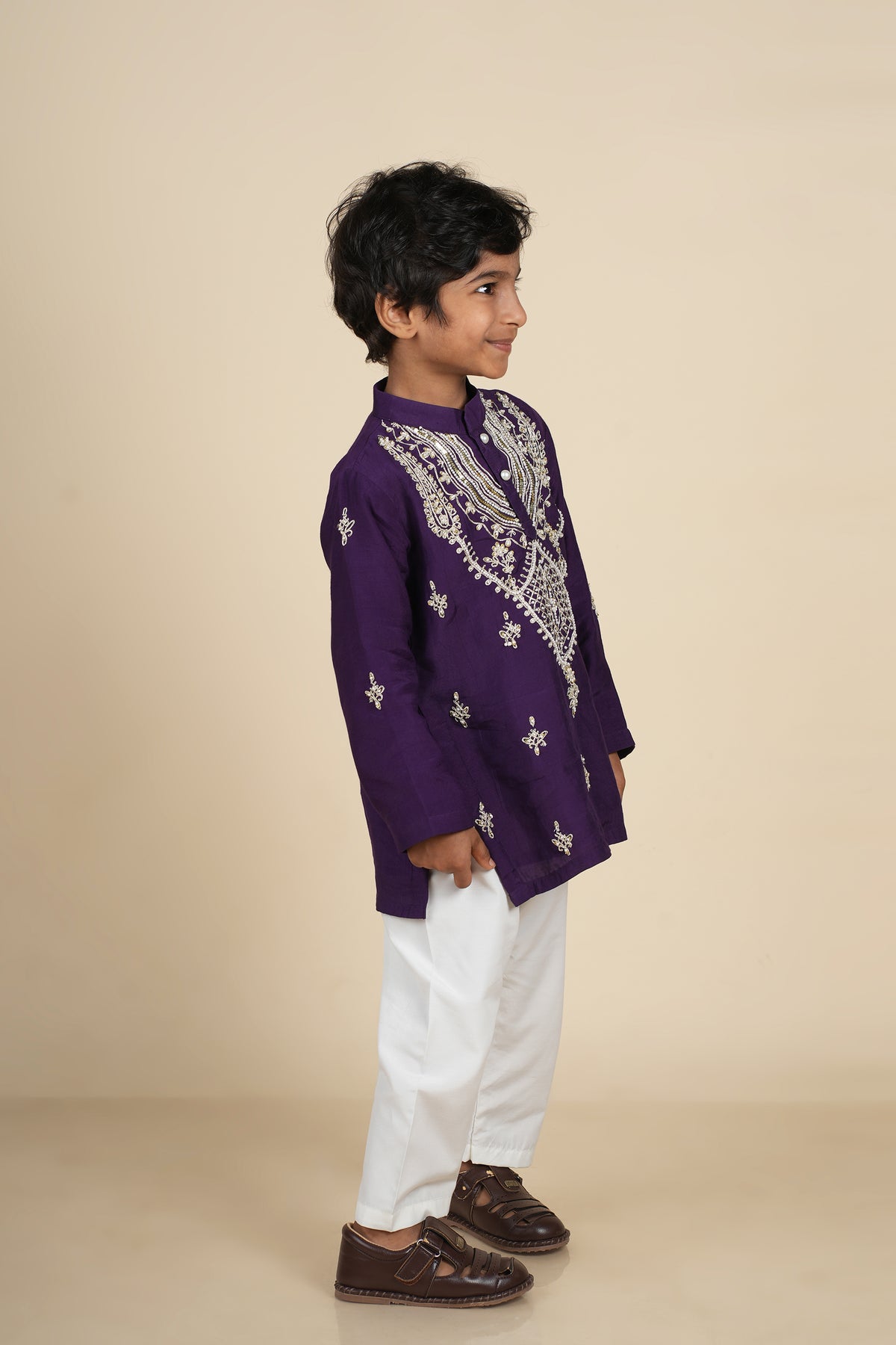 Deep Purple Moti and Dori Hand Embroidered Kurta Set