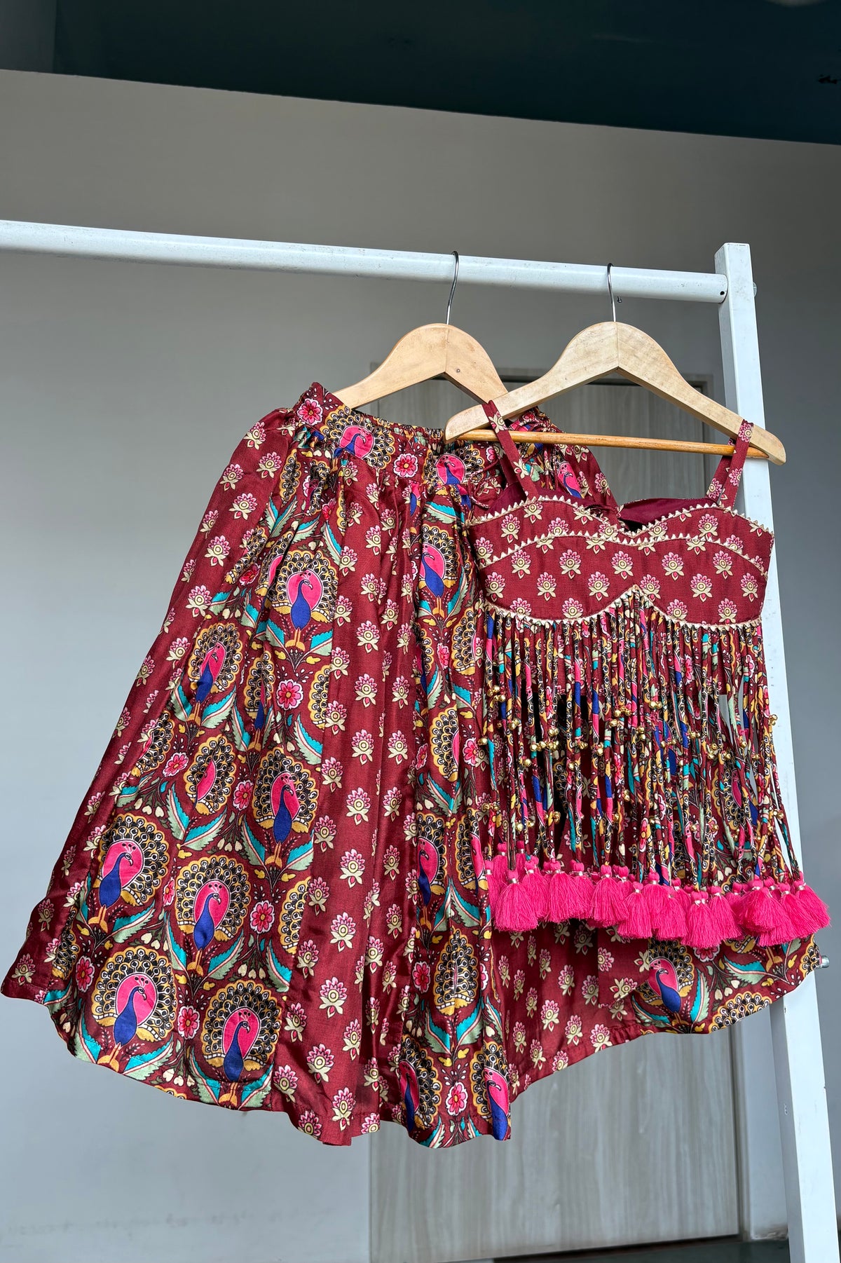 Maroon Peacock Print Lehenga Blouse Set