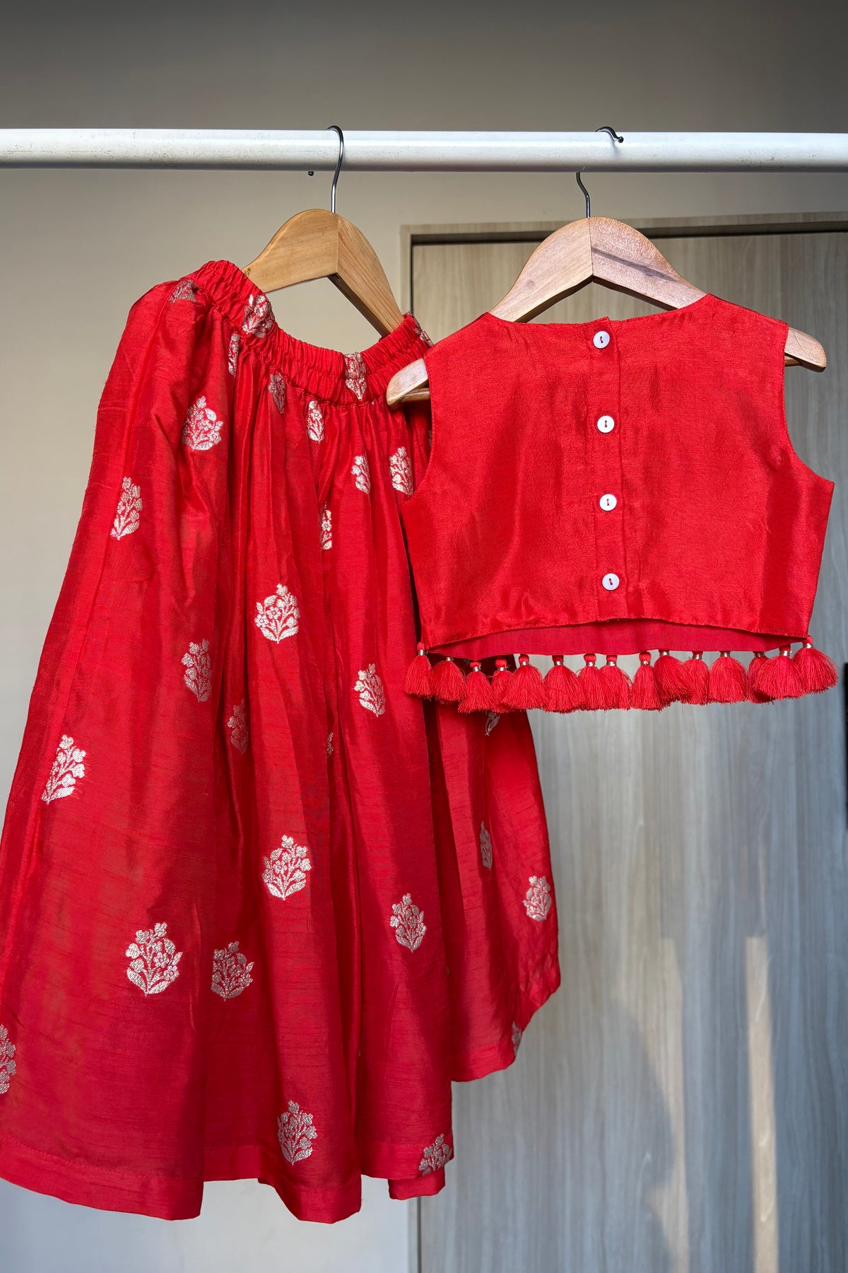 Red Hand and Moti Work Palazzo Blouse Set