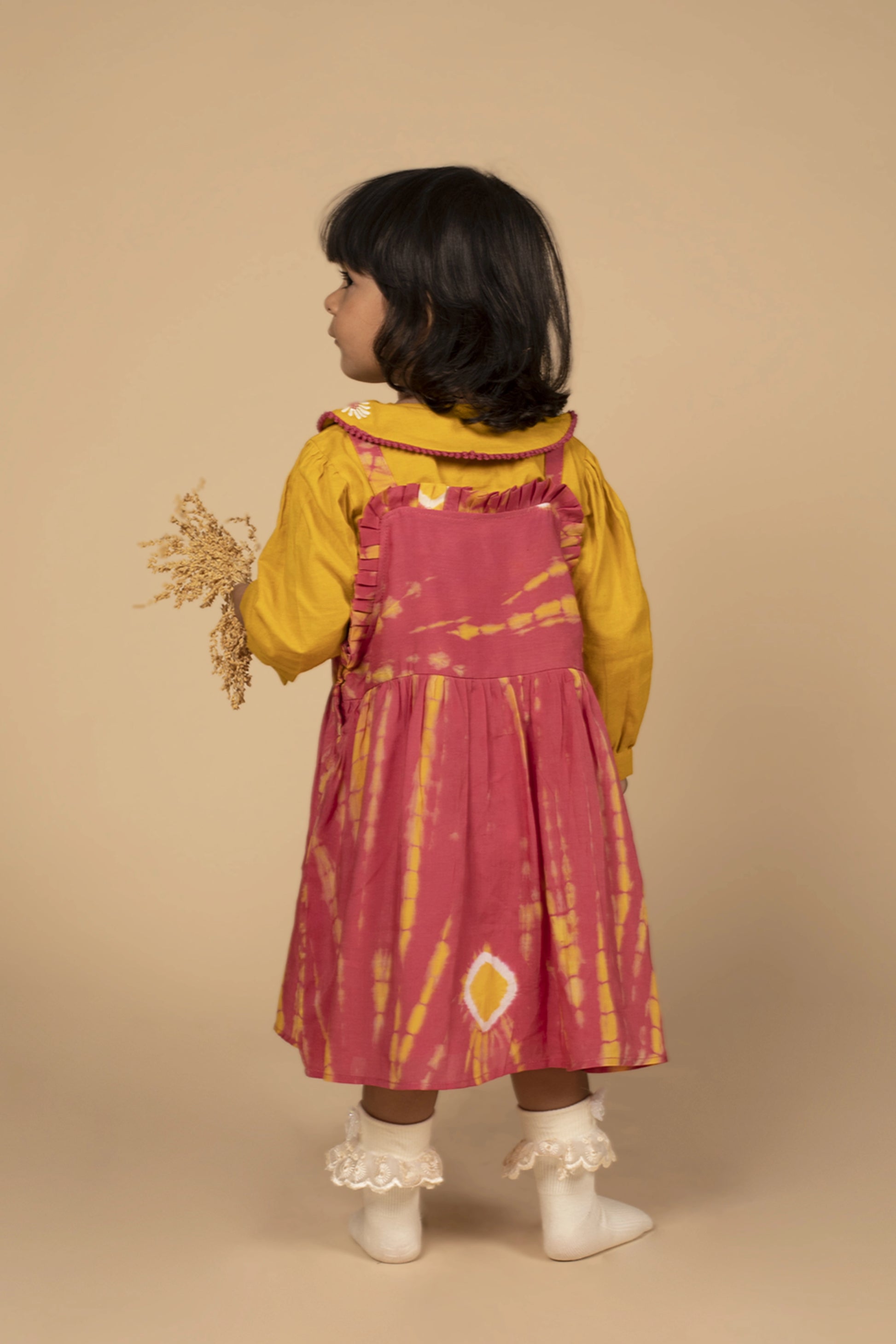 poochkie mustard yellow and pink  dress for kids 