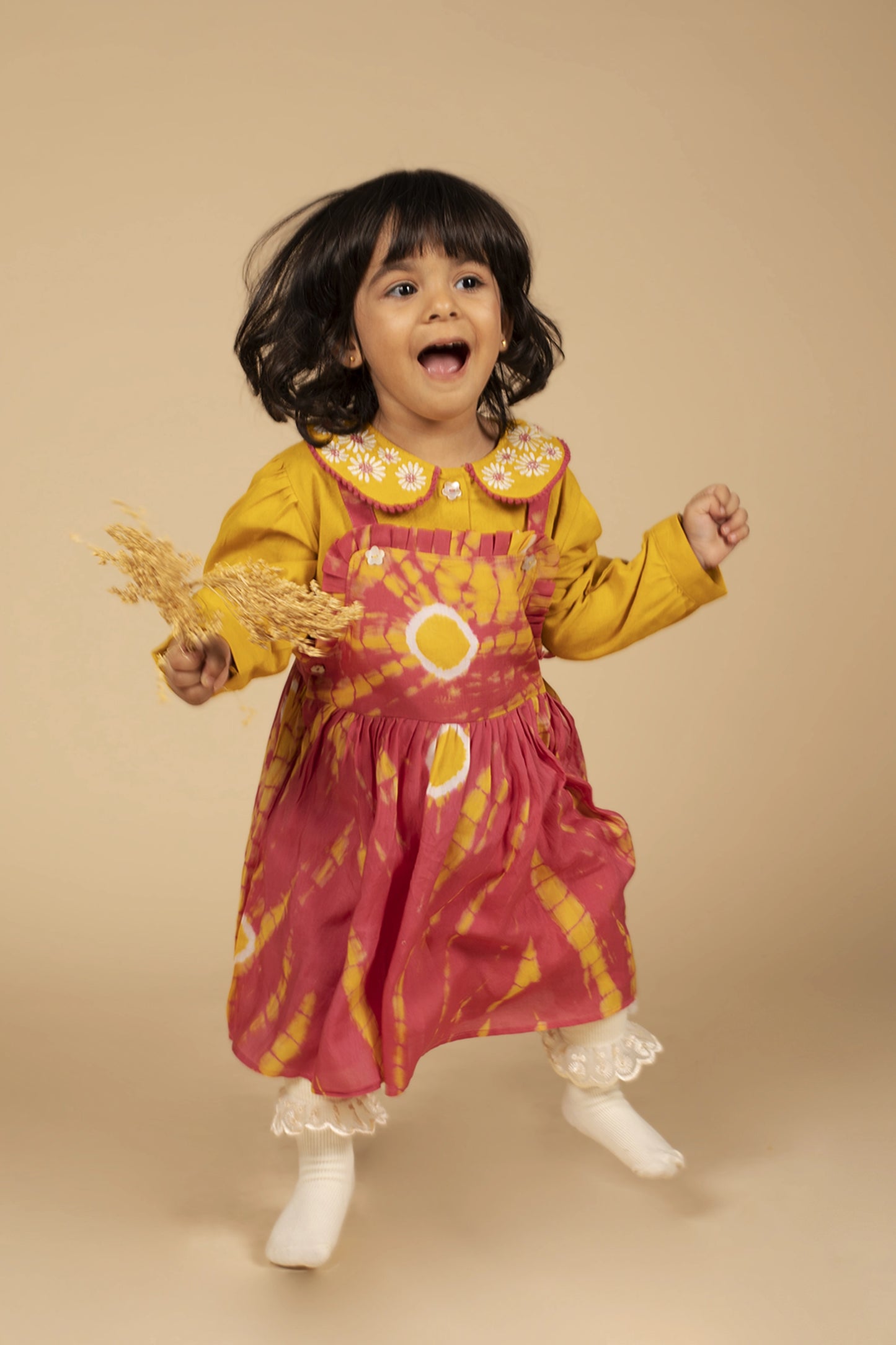 poochkie mustard yellow and pink  dress for kids 