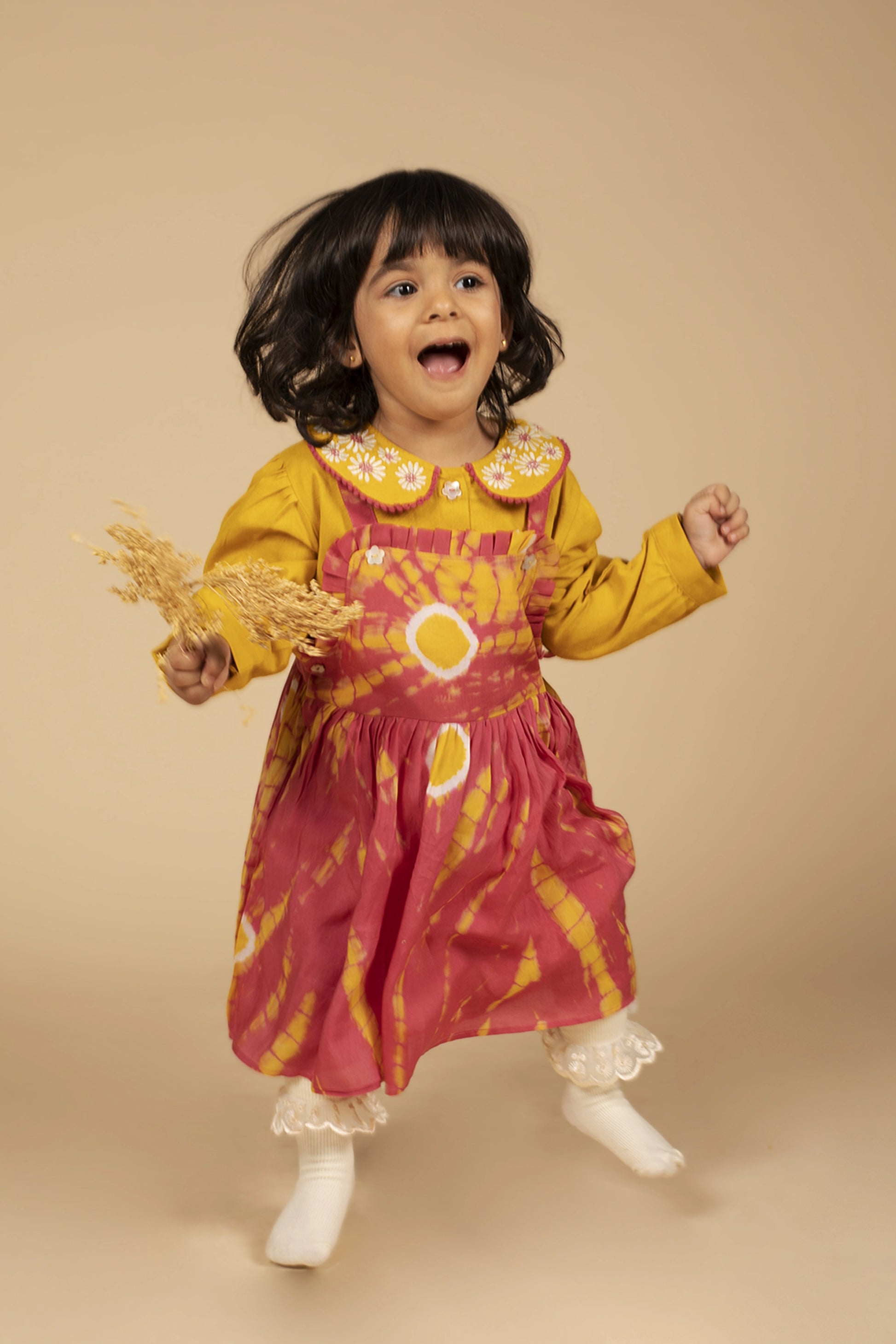 poochkie mustard yellow and pink  dress for kids 