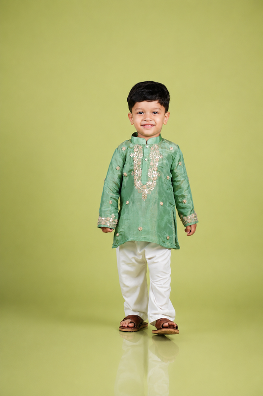 Sage Green Silk Tissue Gota Patti Work Kurta Set