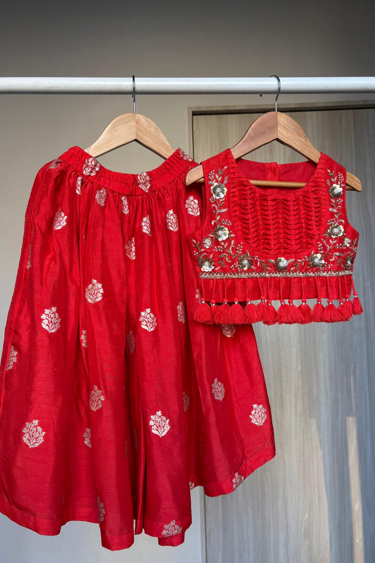 Red Hand and Moti Work Palazzo Blouse Set