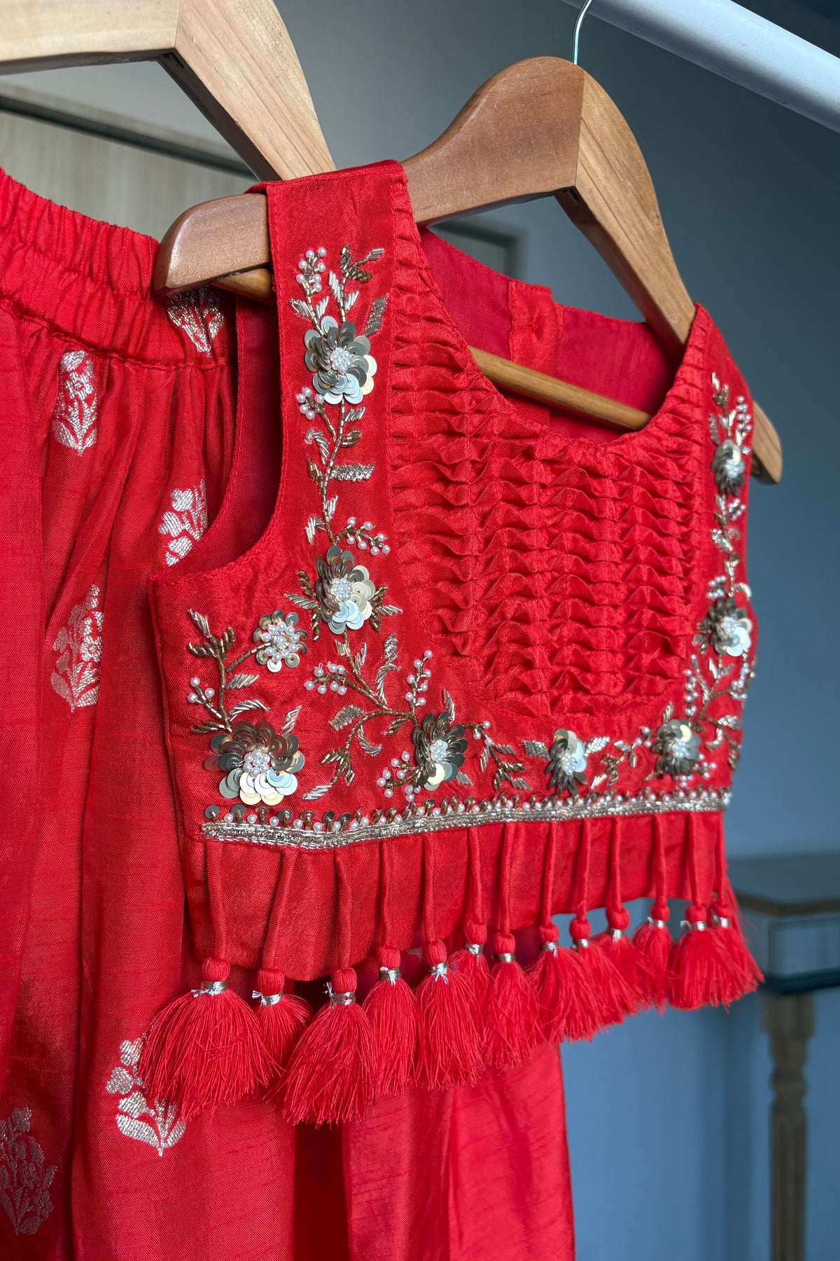 Red Hand and Moti Work Palazzo Blouse Set