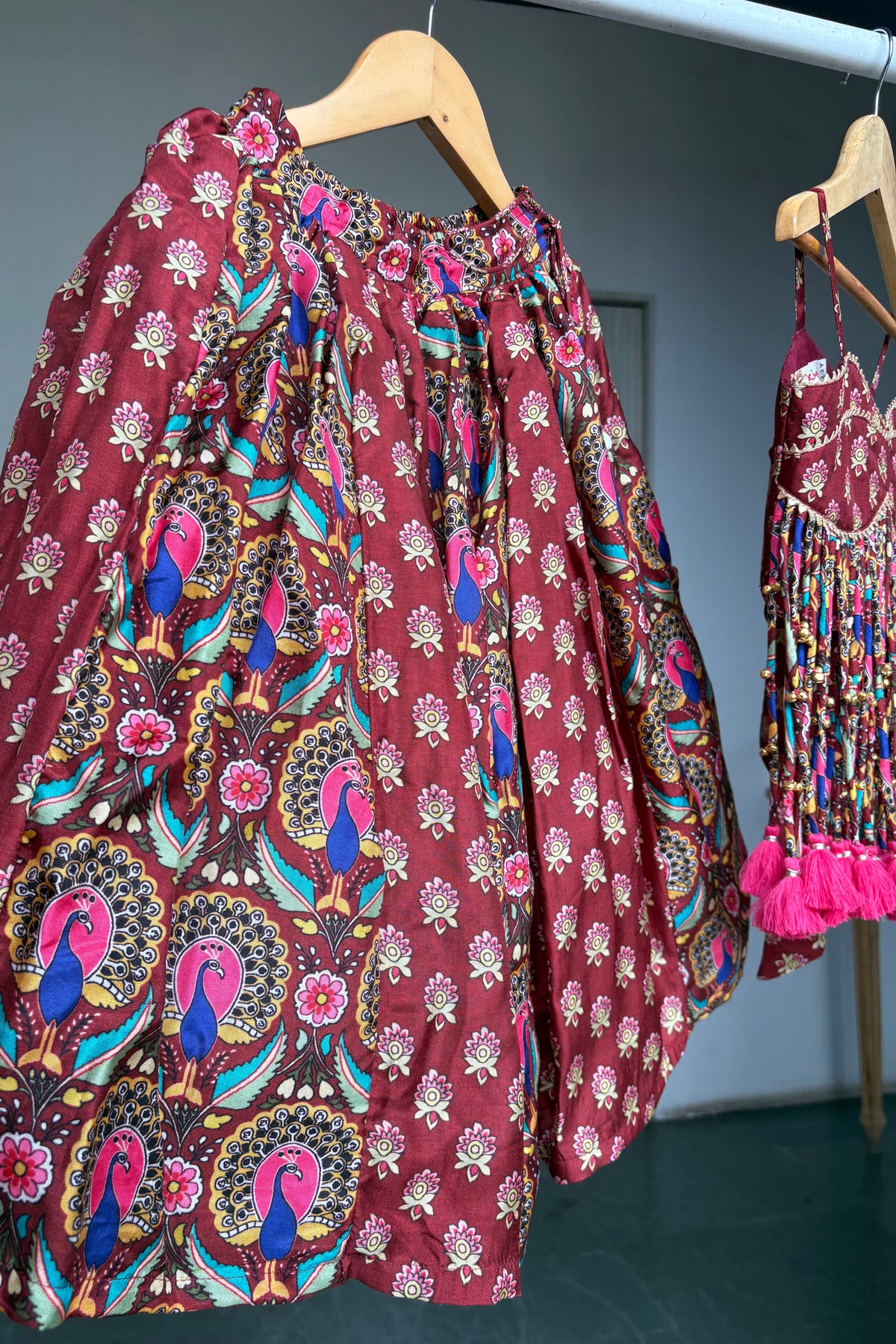 Maroon Peacock Print Lehenga Blouse Set
