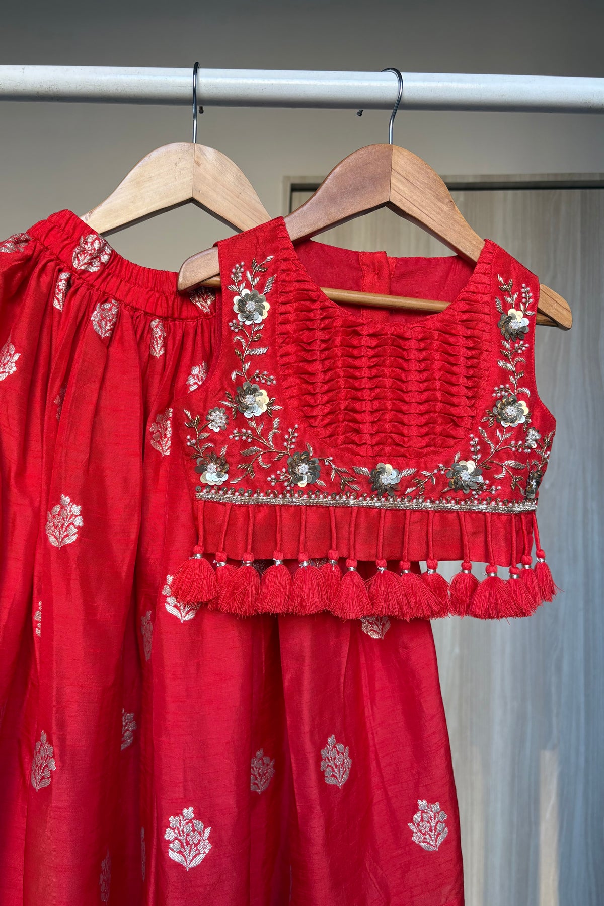 Red Hand and Moti Work Palazzo Blouse Set