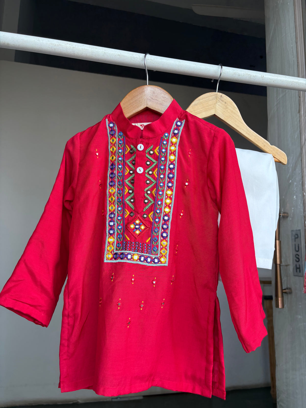 Red Resham and Abla Work Kurta Set