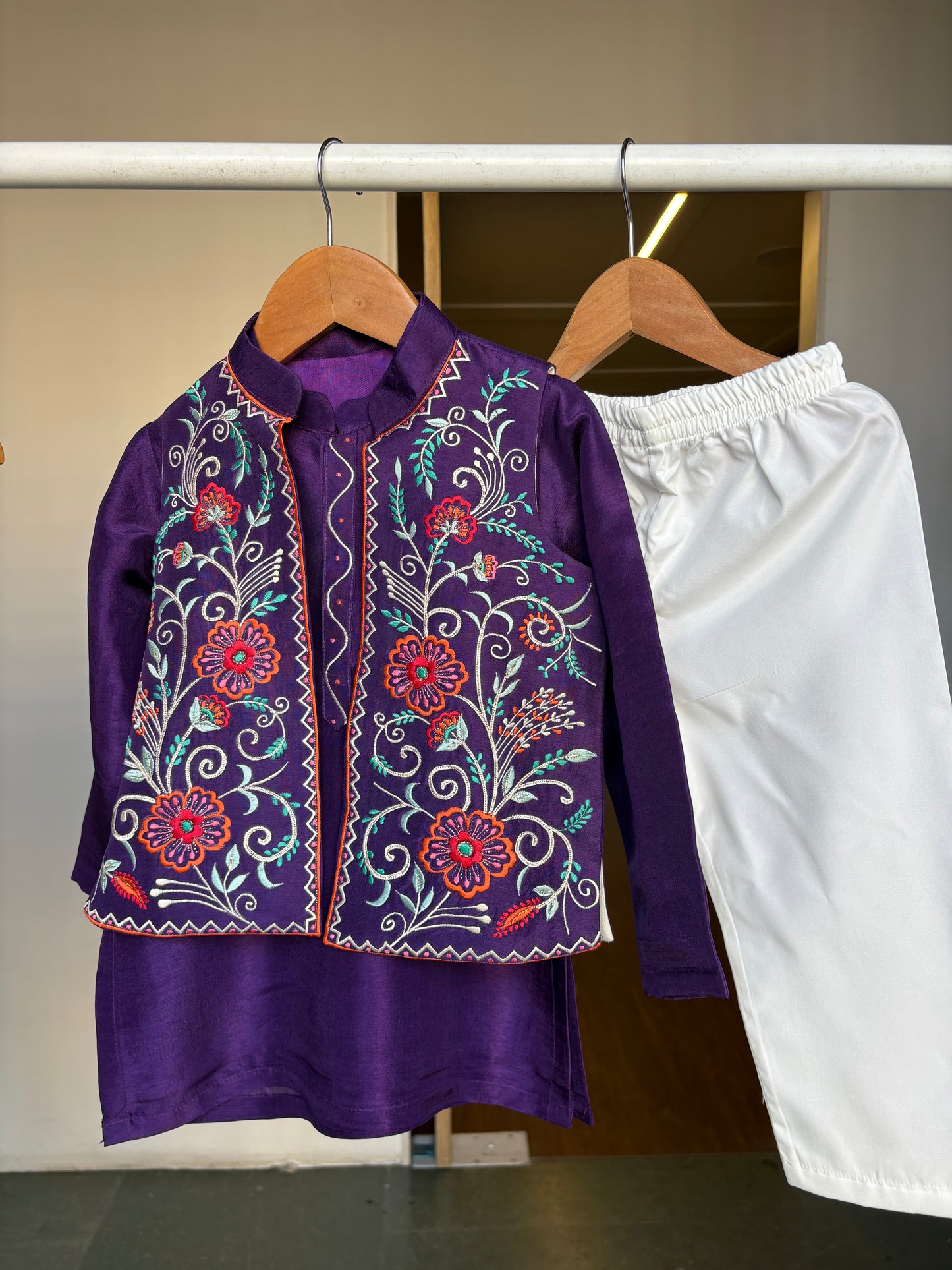 Purple Embroidery Jacket Kurta Pant Set