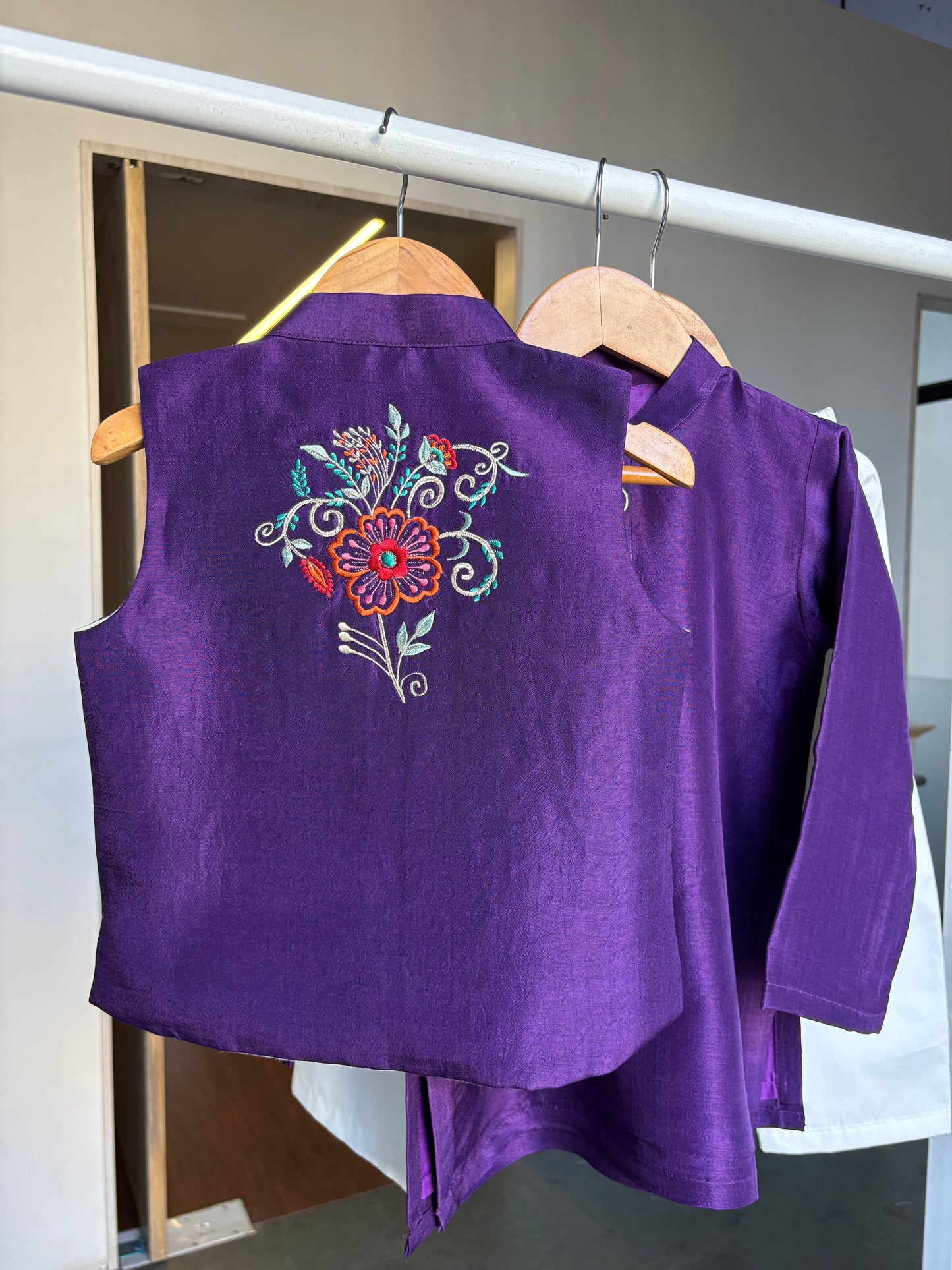 Purple Embroidery Jacket Kurta Pant Set