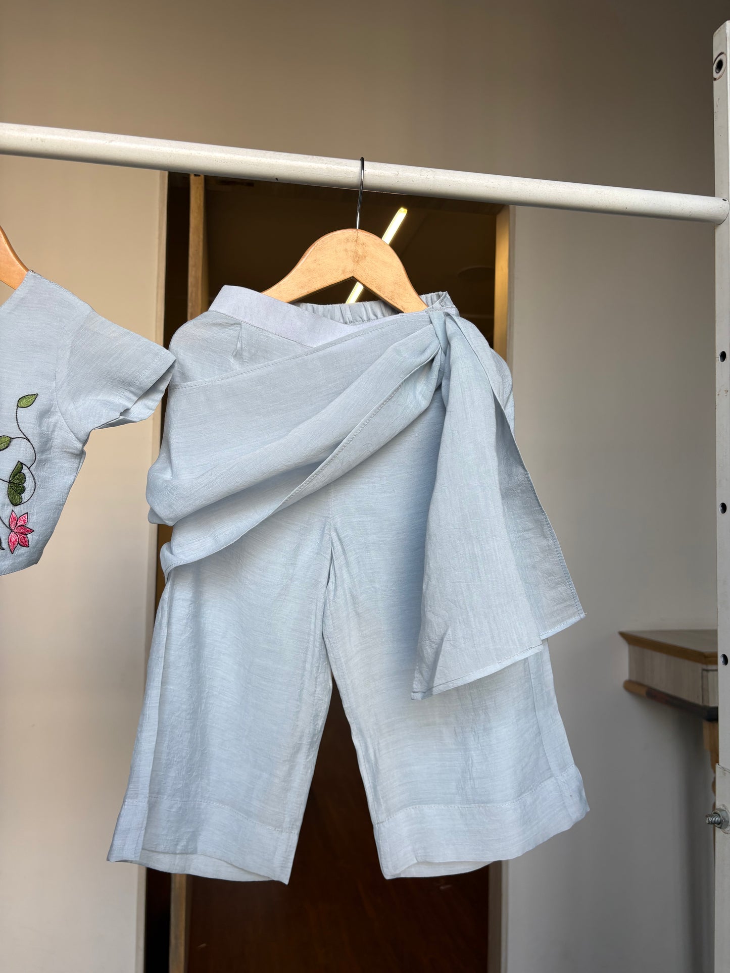 Light Blue Mul Chanderi Thread Embroidery Top & Pant Set