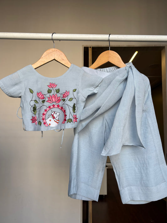 Light Blue Mul Chanderi Thread Embroidery Top & Pant Set