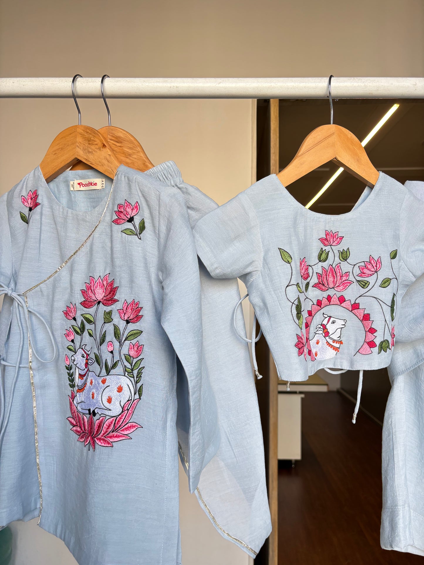 Light Blue Mul Chanderi Thread Embroidery Top & Pant Set