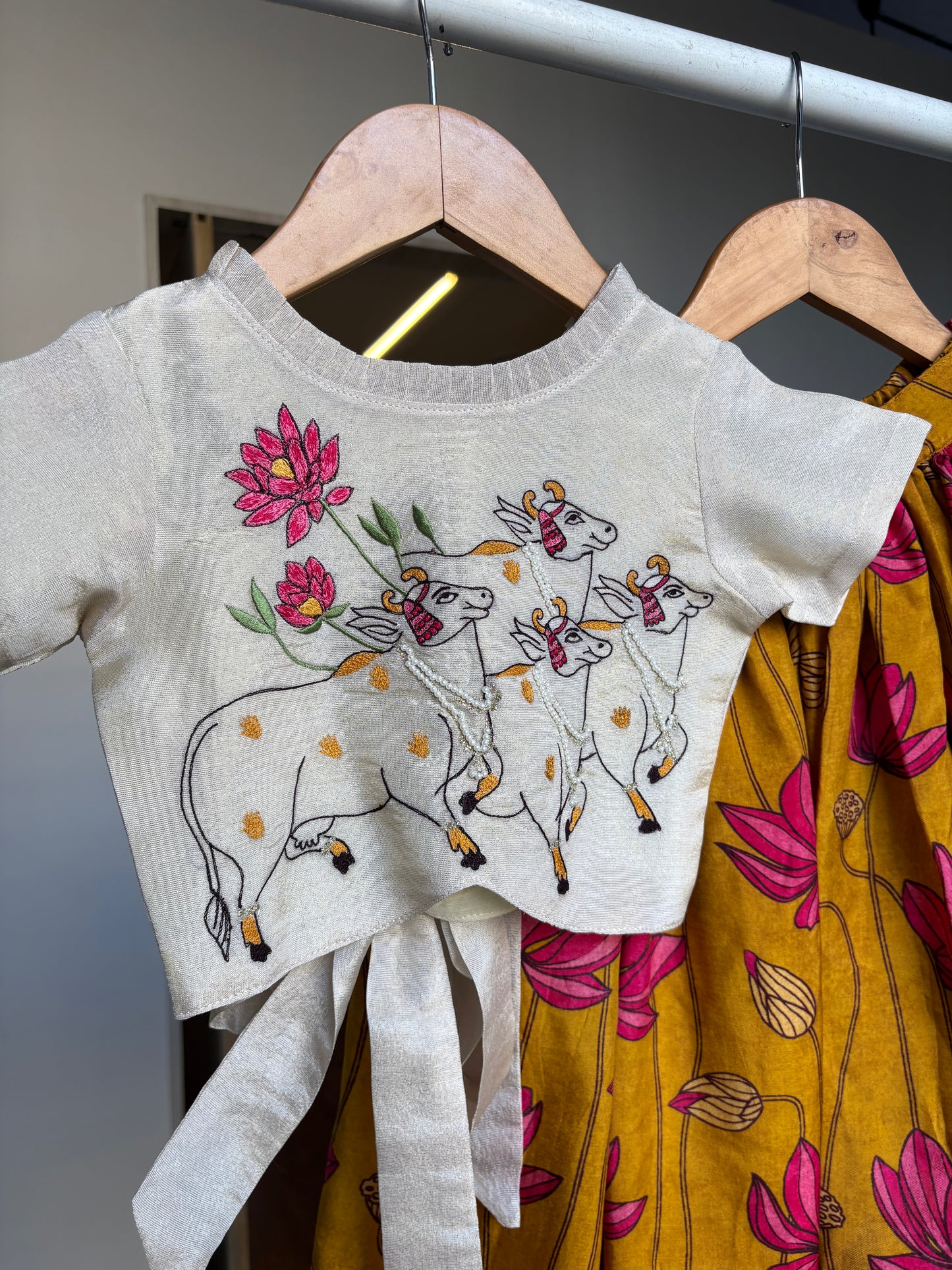 Ivory & Mustard Floral Moti Embroidery Top & Palazzo Set