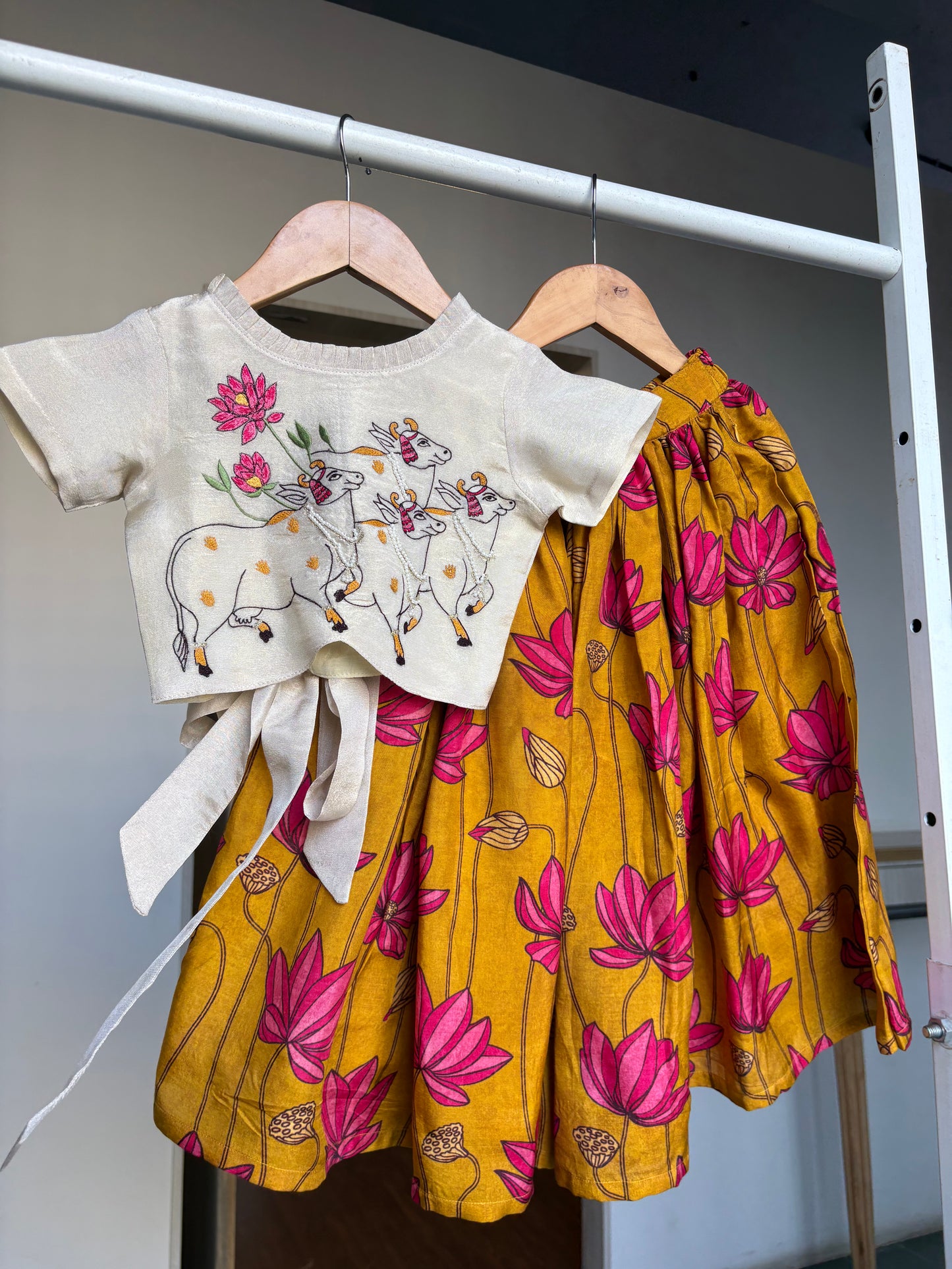 Ivory & Mustard Floral Moti Embroidery Top & Palazzo Set