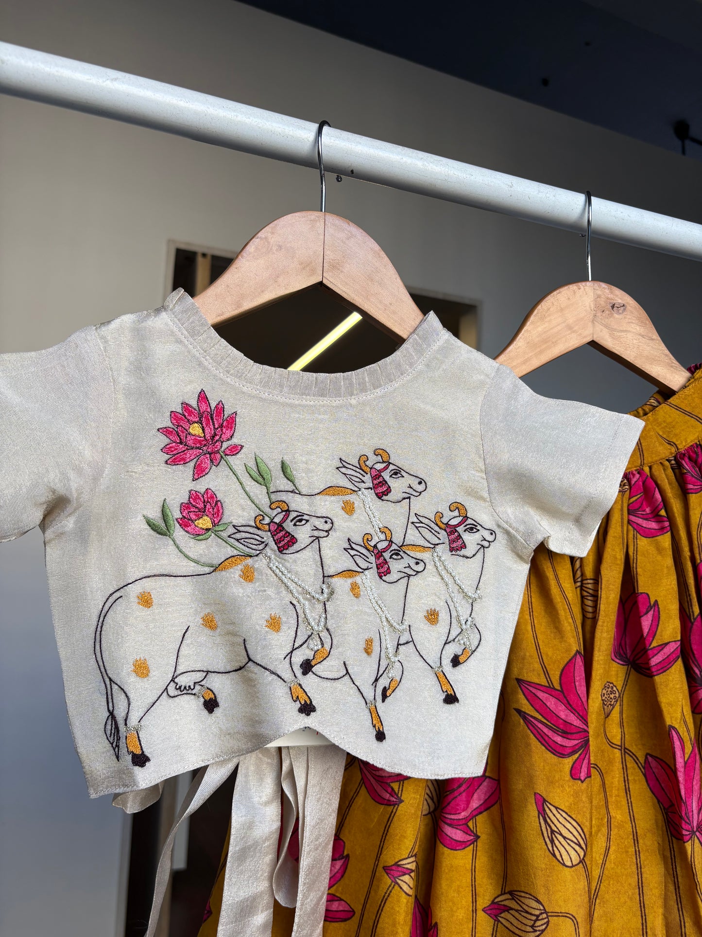 Ivory & Mustard Floral Moti Embroidery Top & Palazzo Set