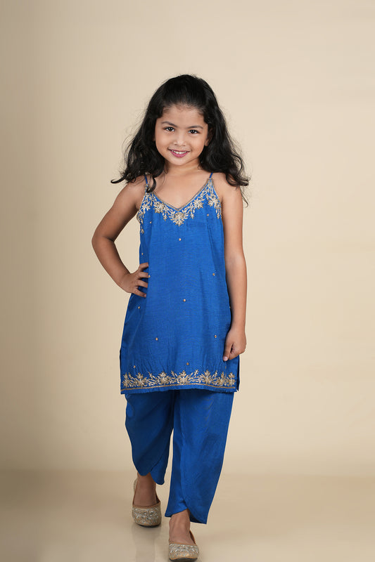 Blue Hand Embroidered Kurti Dhoti Set