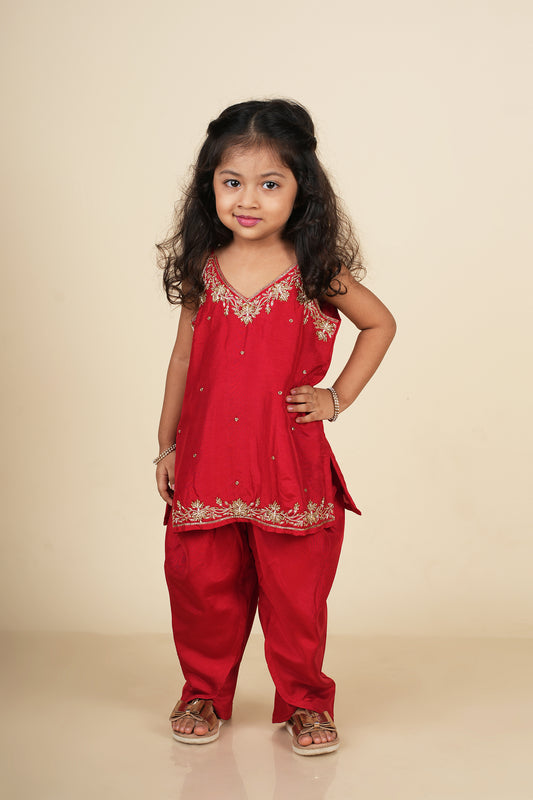 Hand Embroidered Red Kurti and Dhoti Style Pant