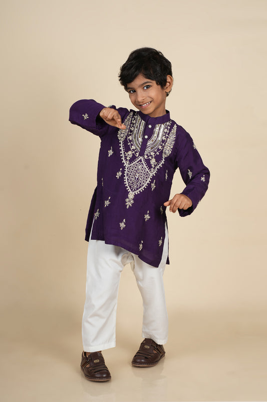 Deep Purple Moti and Dori Hand Embroidered Kurta Set