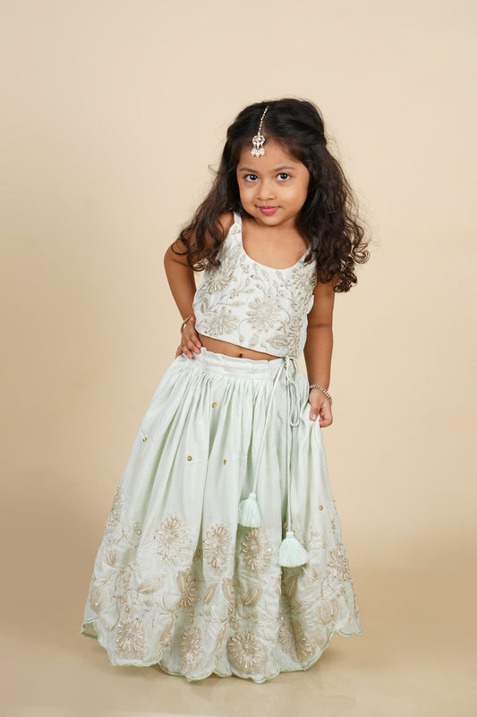 Mint Blue Dori and Moti Hand Embroidered Lehenga Blouse Set