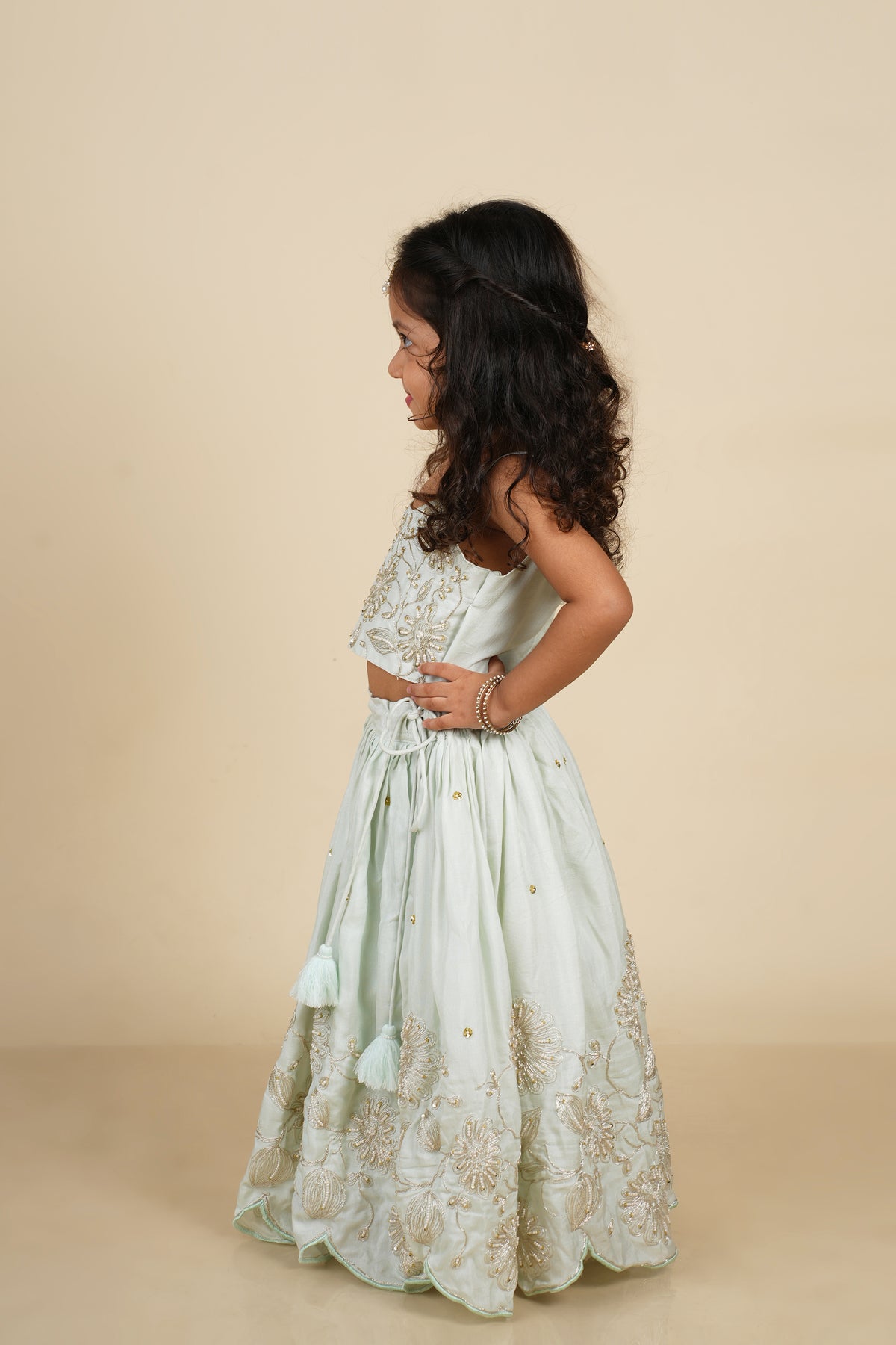 Mint Blue Dori and Moti Hand Embroidered Lehenga Blouse Set