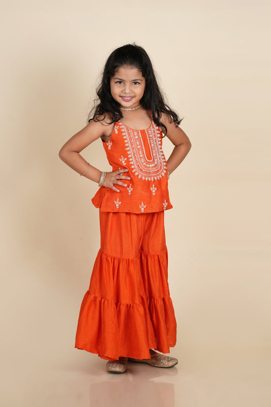 Rust Dori Moti Handwork Kurti Sharara Set