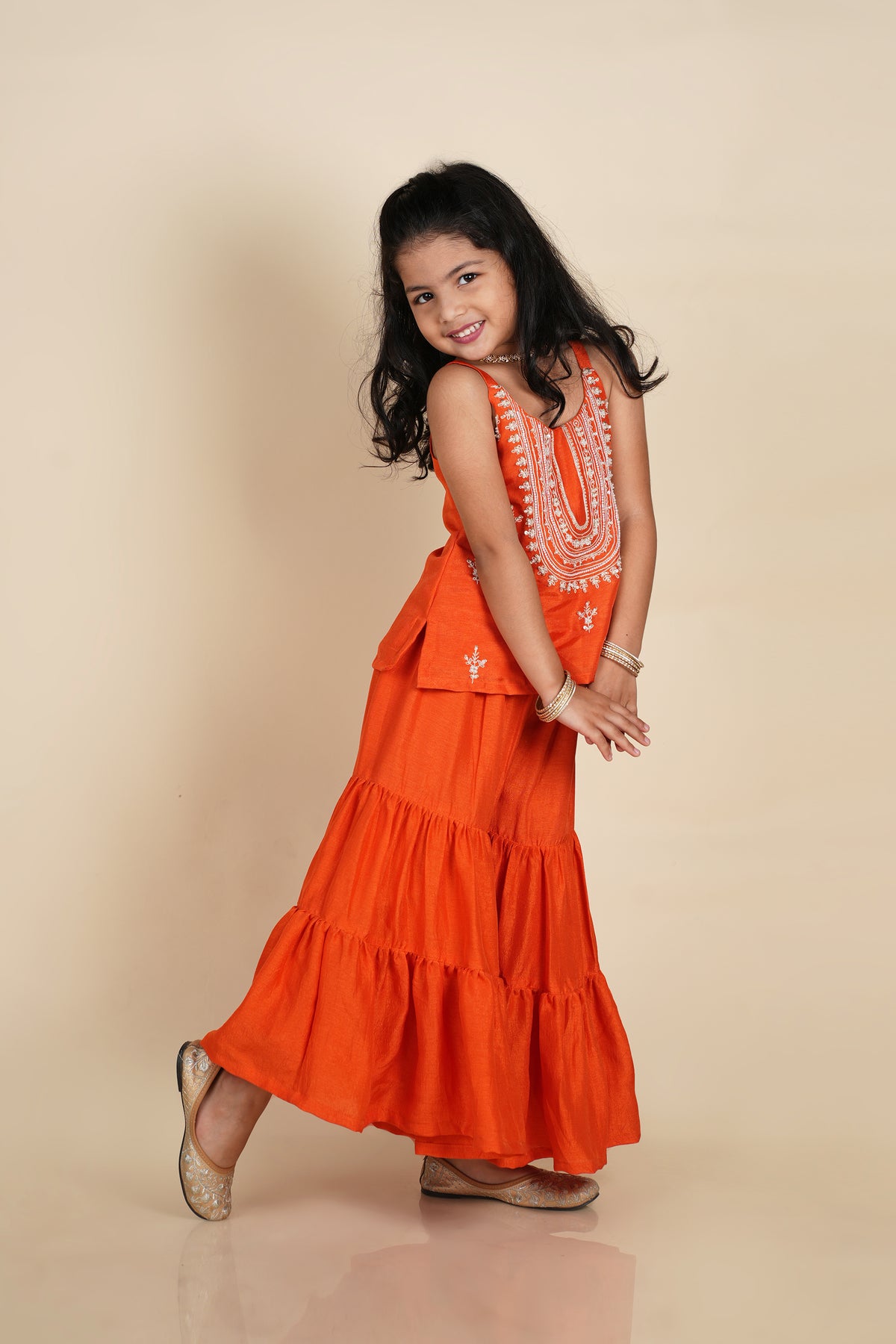 Rust Dori Moti Handwork Kurti Sharara Set