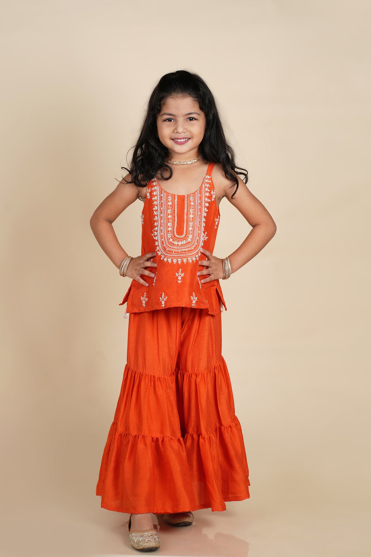 Rust Dori Moti Handwork Kurti Sharara Set