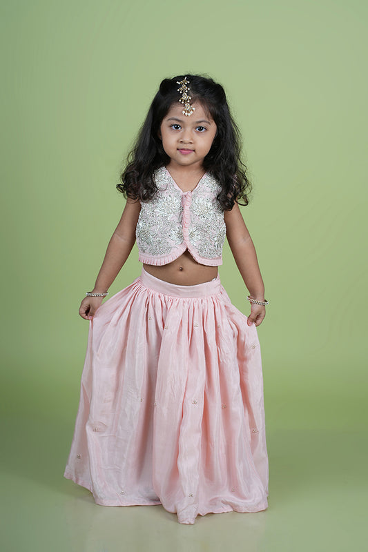 Baby Pink Gota and Moti Hand Embroidered Palazzo Blouse Set