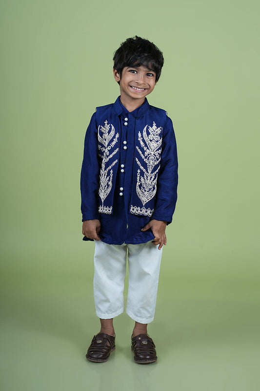 Festive Blue Dori Embroidered Boys Jacket & Kurta with Pyjama