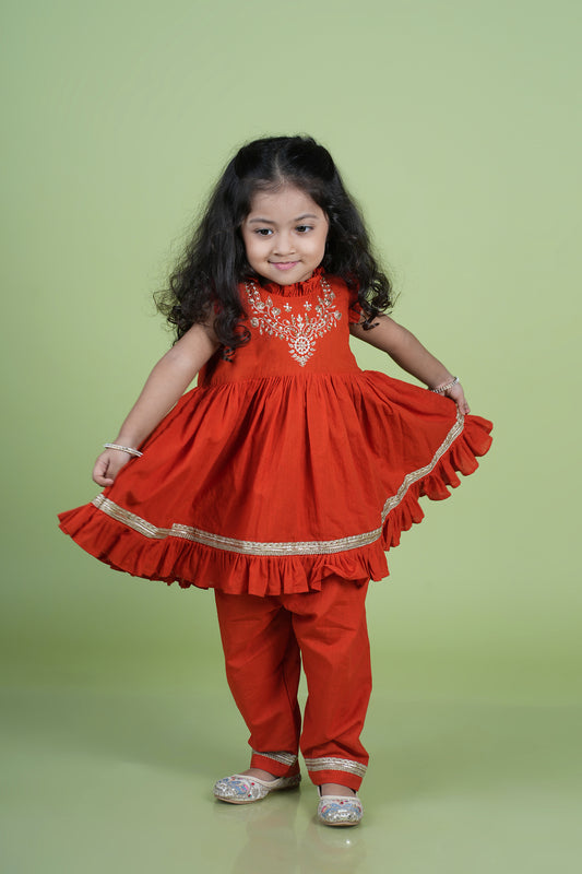 Rust Hand Embroidered Peplum Dhoti Set