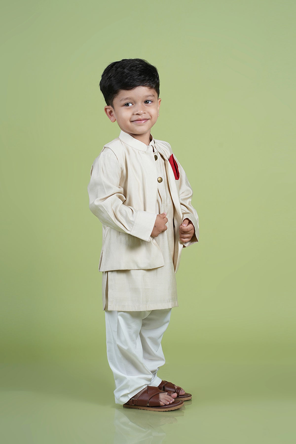 Ethnic Beige Kurta with Pocket Square Jacket and Pyjama