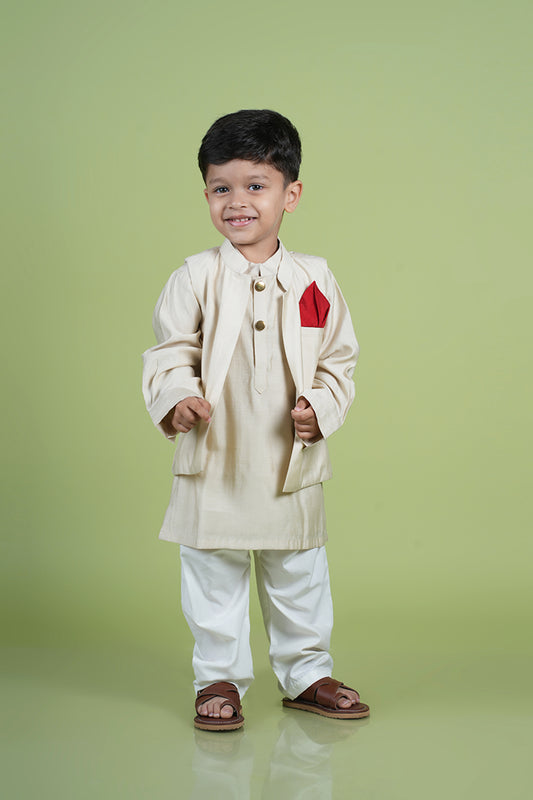 Ethnic Beige Kurta with Pocket Square Jacket and Pyjama