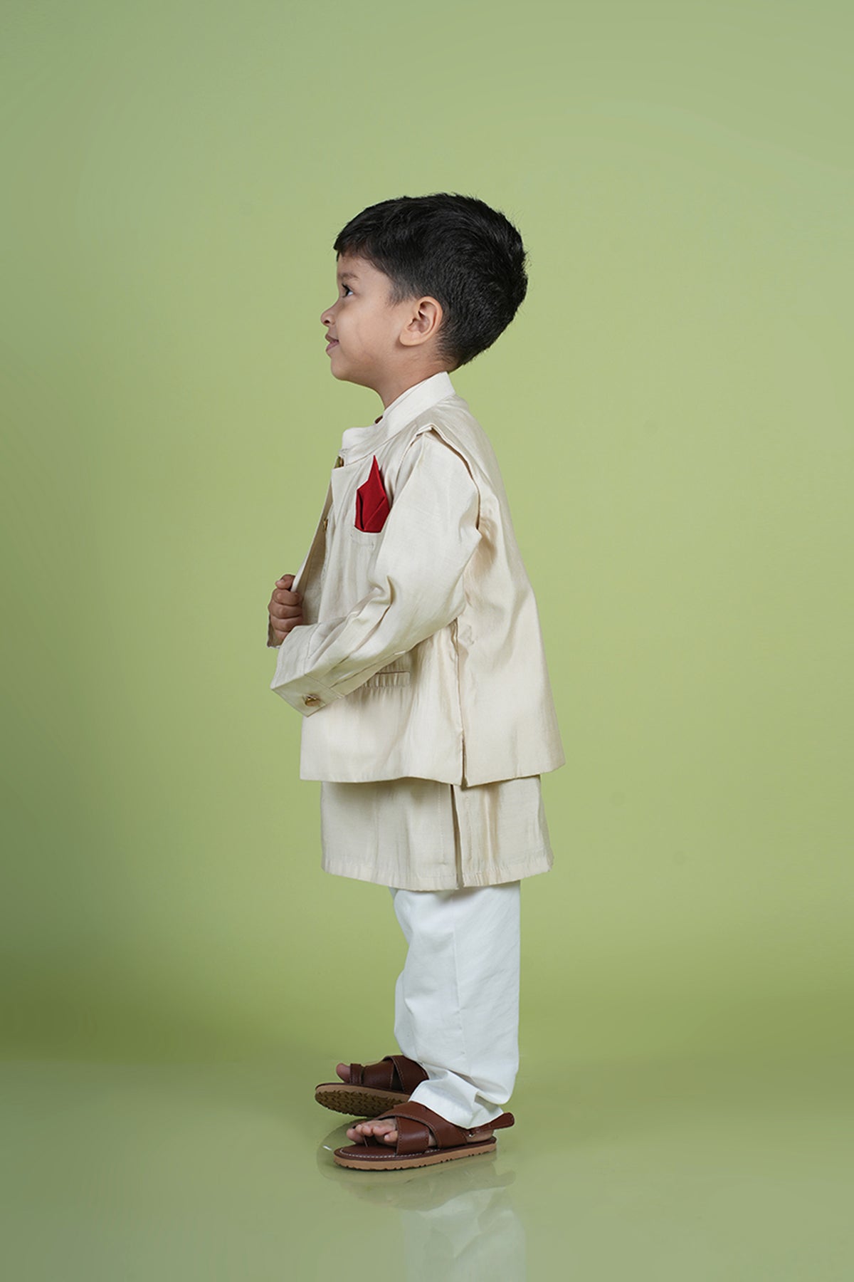 Ethnic Beige Kurta with Pocket Square Jacket and Pyjama
