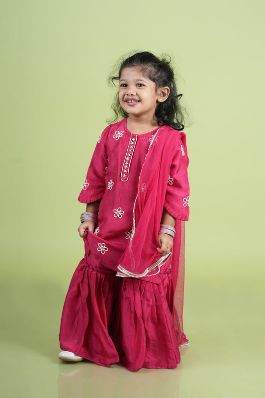 Rani Pink Moti Hand Embroidered Kurti Sharara Set