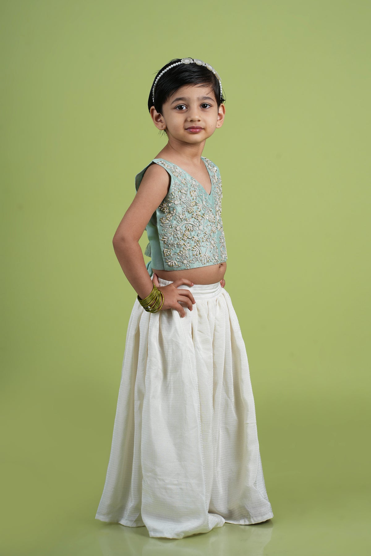 Mint Green Dori and Moti Hand Embroidered Palazzo Blouse Set