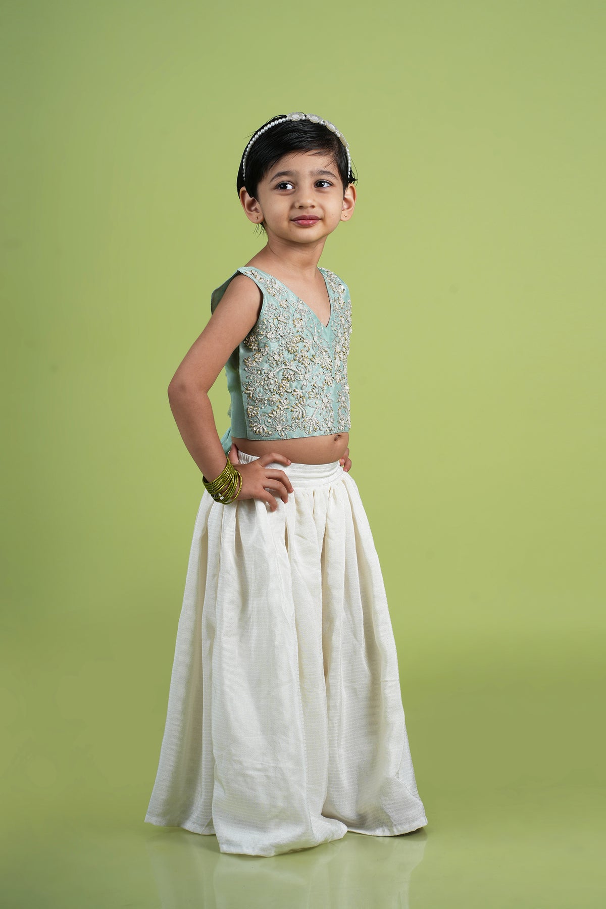 Mint Green Dori and Moti Hand Embroidered Palazzo Blouse Set