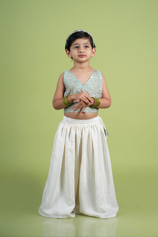 Mint Green Dori and Moti Hand Embroidered Palazzo Blouse Set