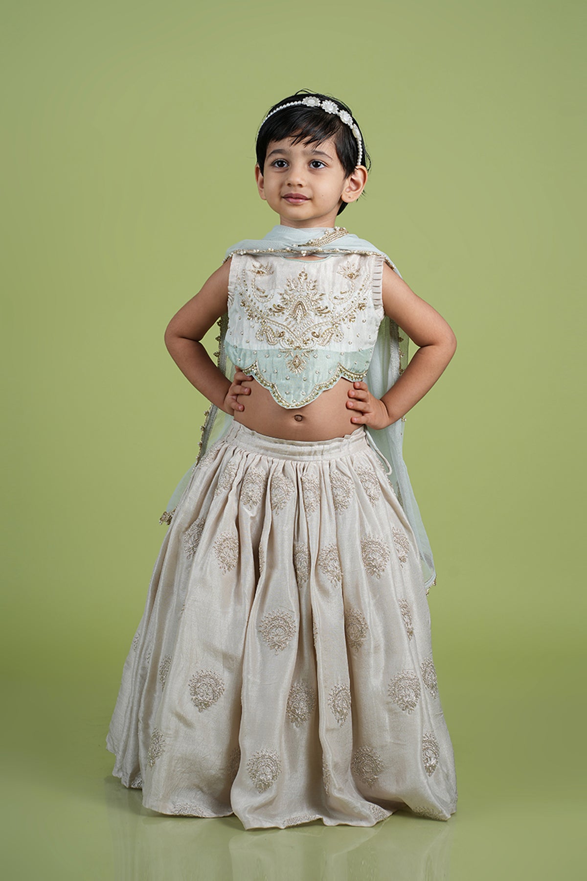 Off White Abla and Moti Hand Embroidered Lehenga Blouse Set