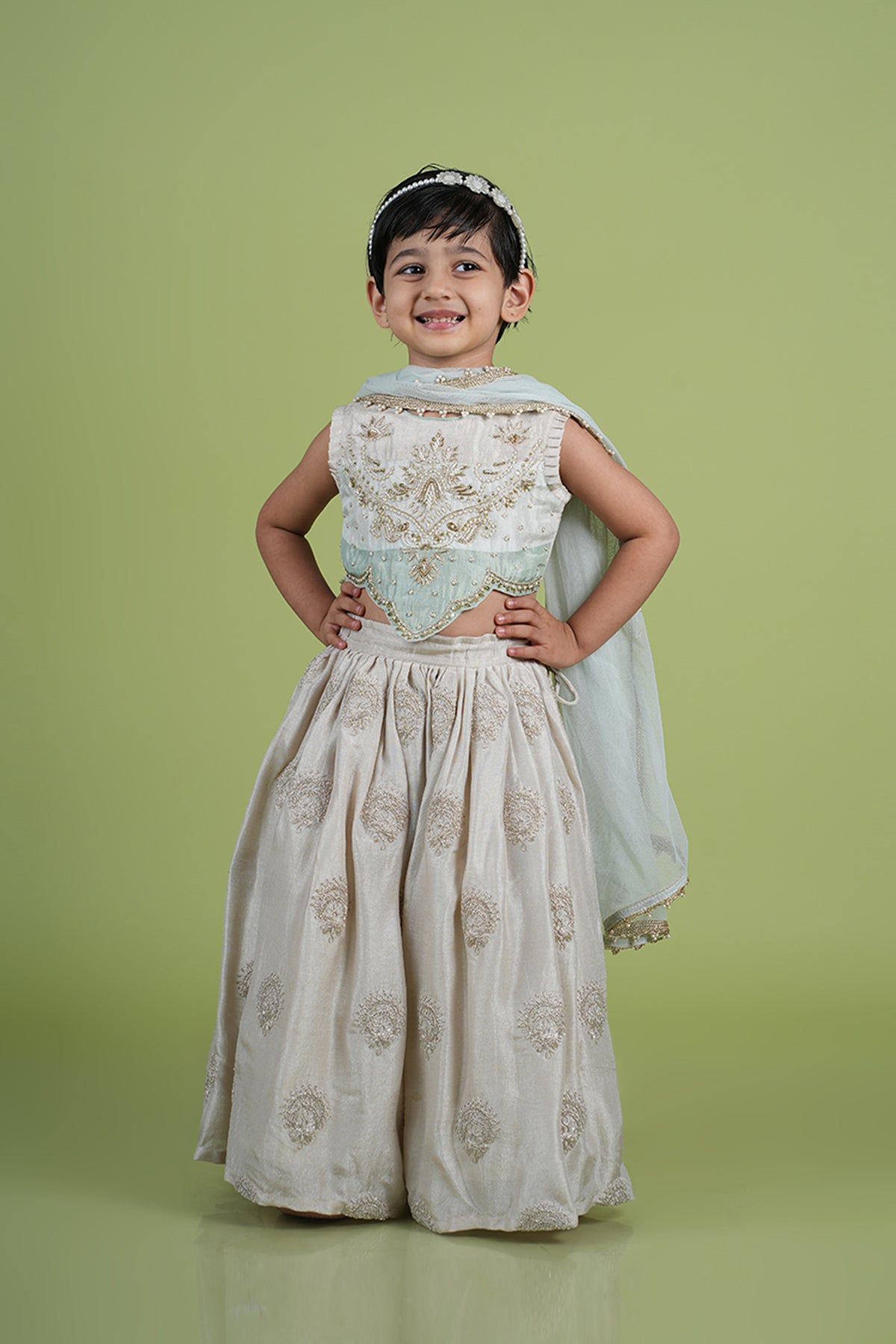Off White Abla and Moti Hand Embroidered Lehenga Blouse Set