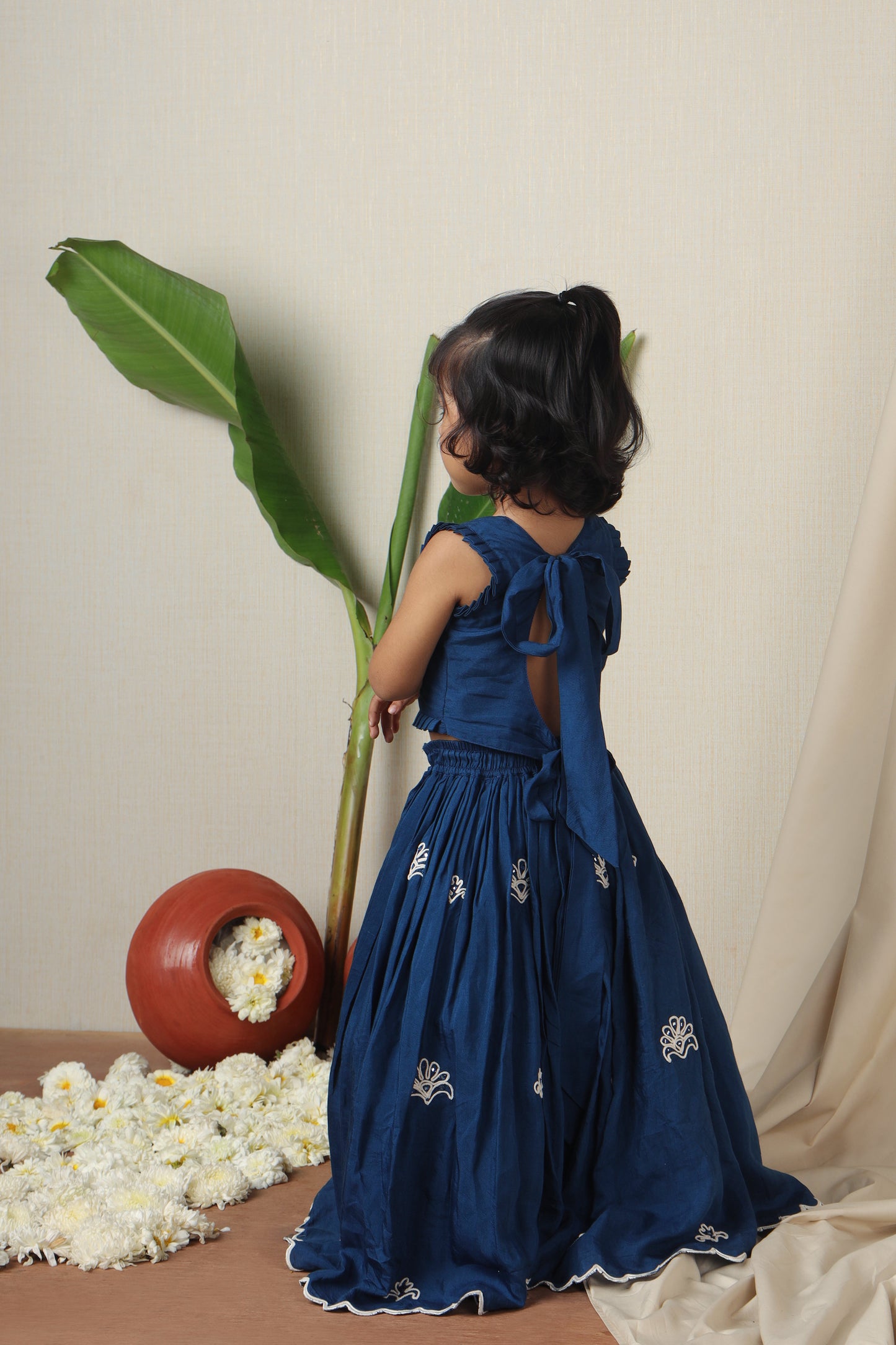 Blue Nelumbo Dori Embroidered Top And Fringe Tassel Enhanced Lehenga