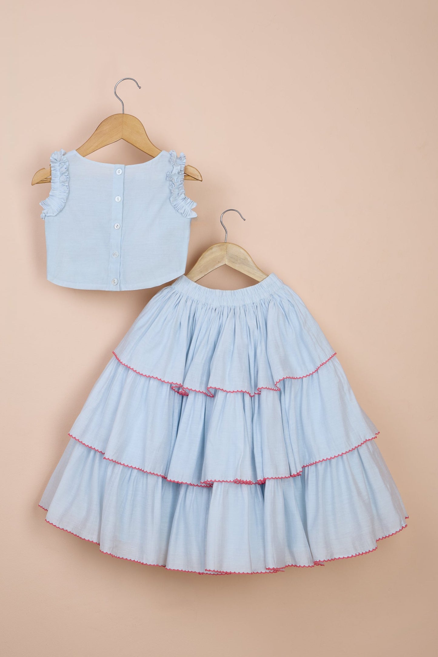 Baby Blue Crepe Silk Hand Embellished Lehenga Set For Girls