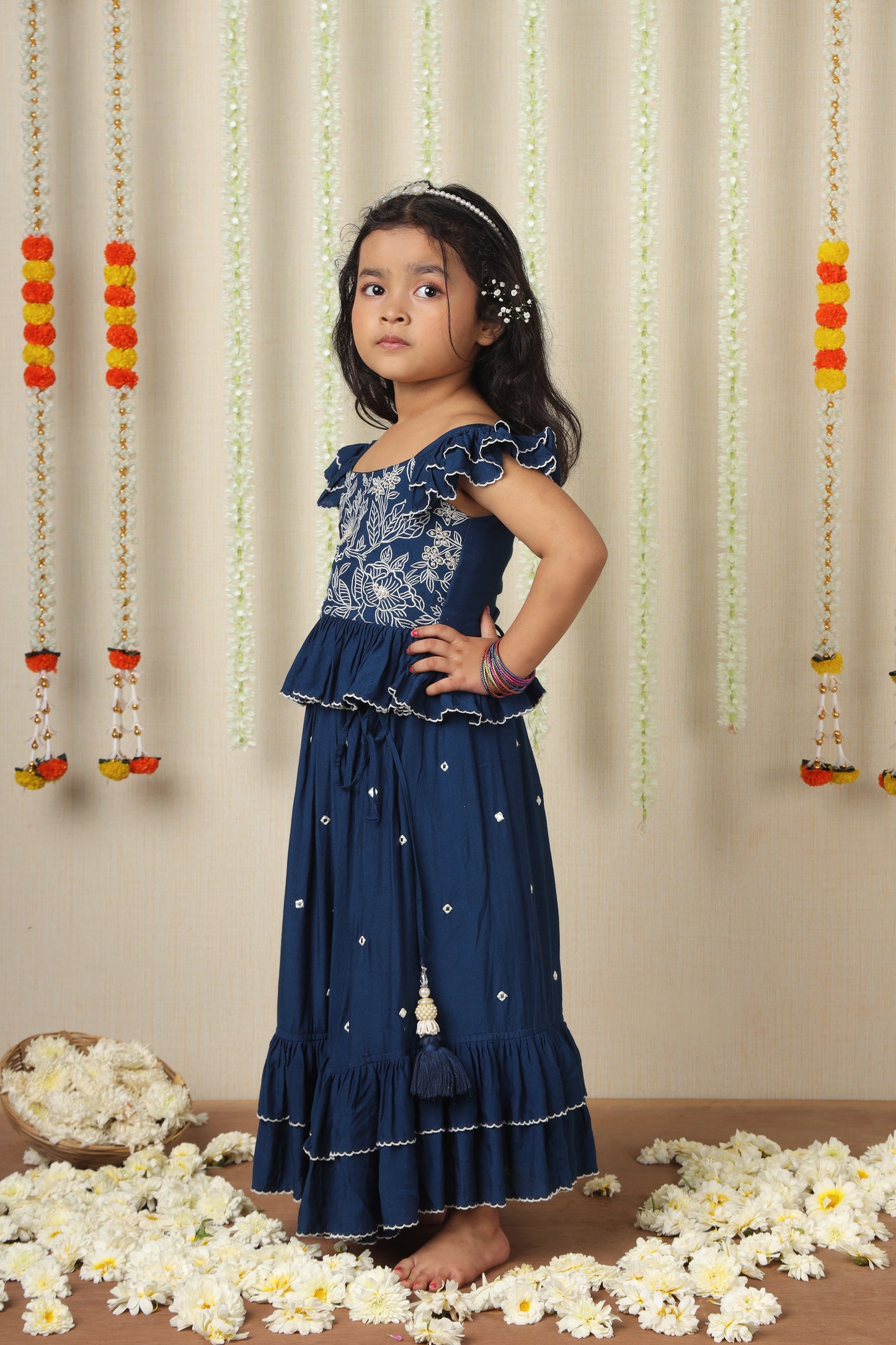 Bani Embroidered Blue Top And Pleated Frilly Hem Lehenga
