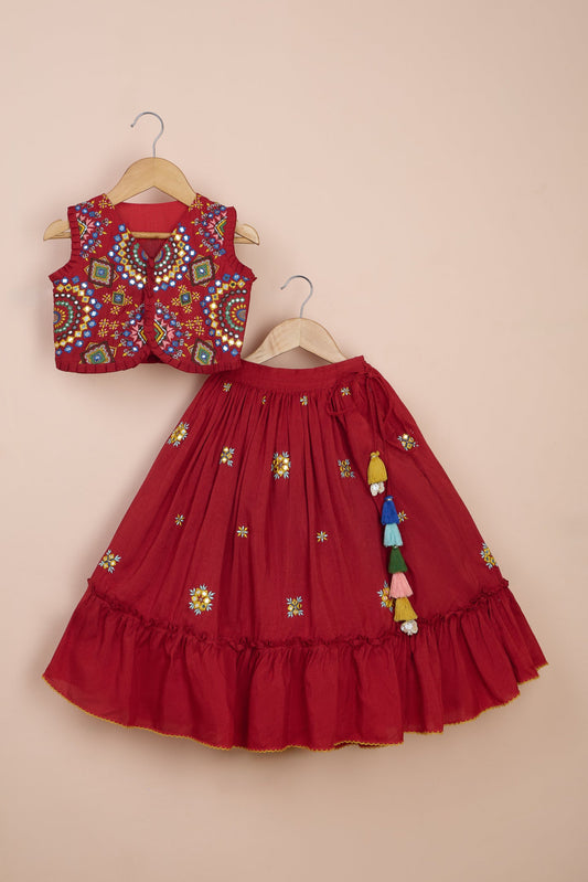 Timri Embroidered Red Top And Flared Lehenga