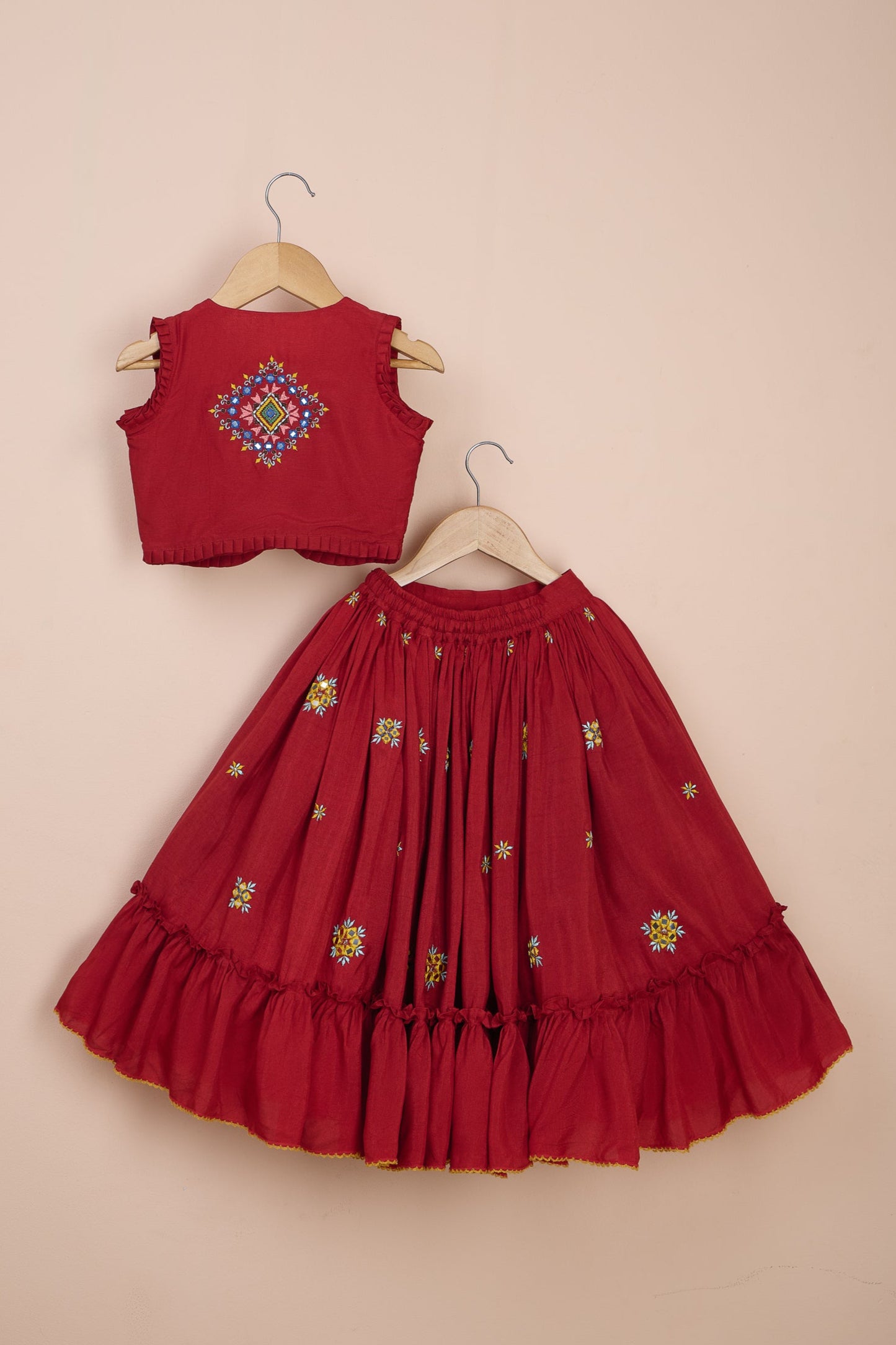 Timri Embroidered Red Top And Flared Lehenga