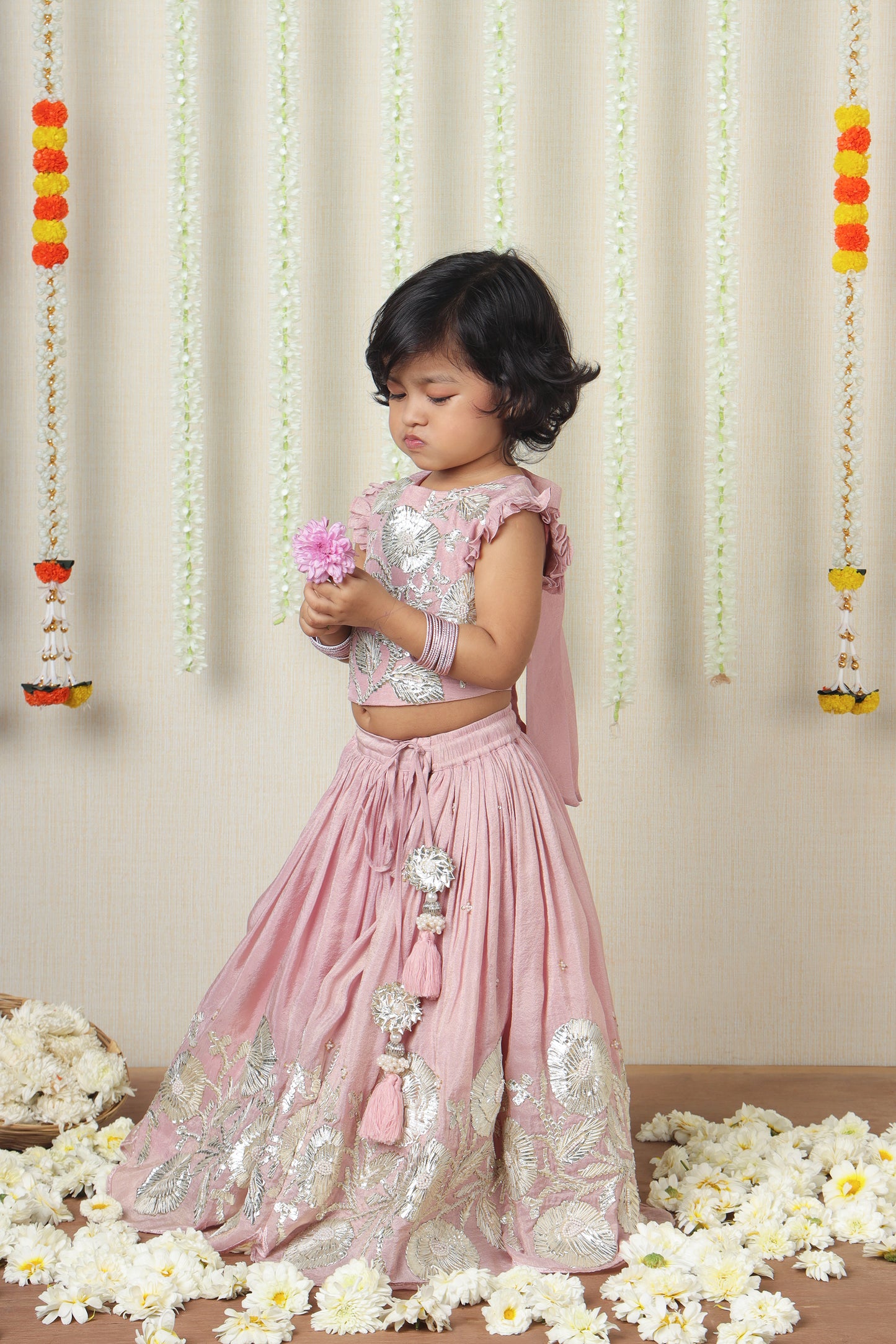 Pink Gota Work Embroidered Top And Lehenga
