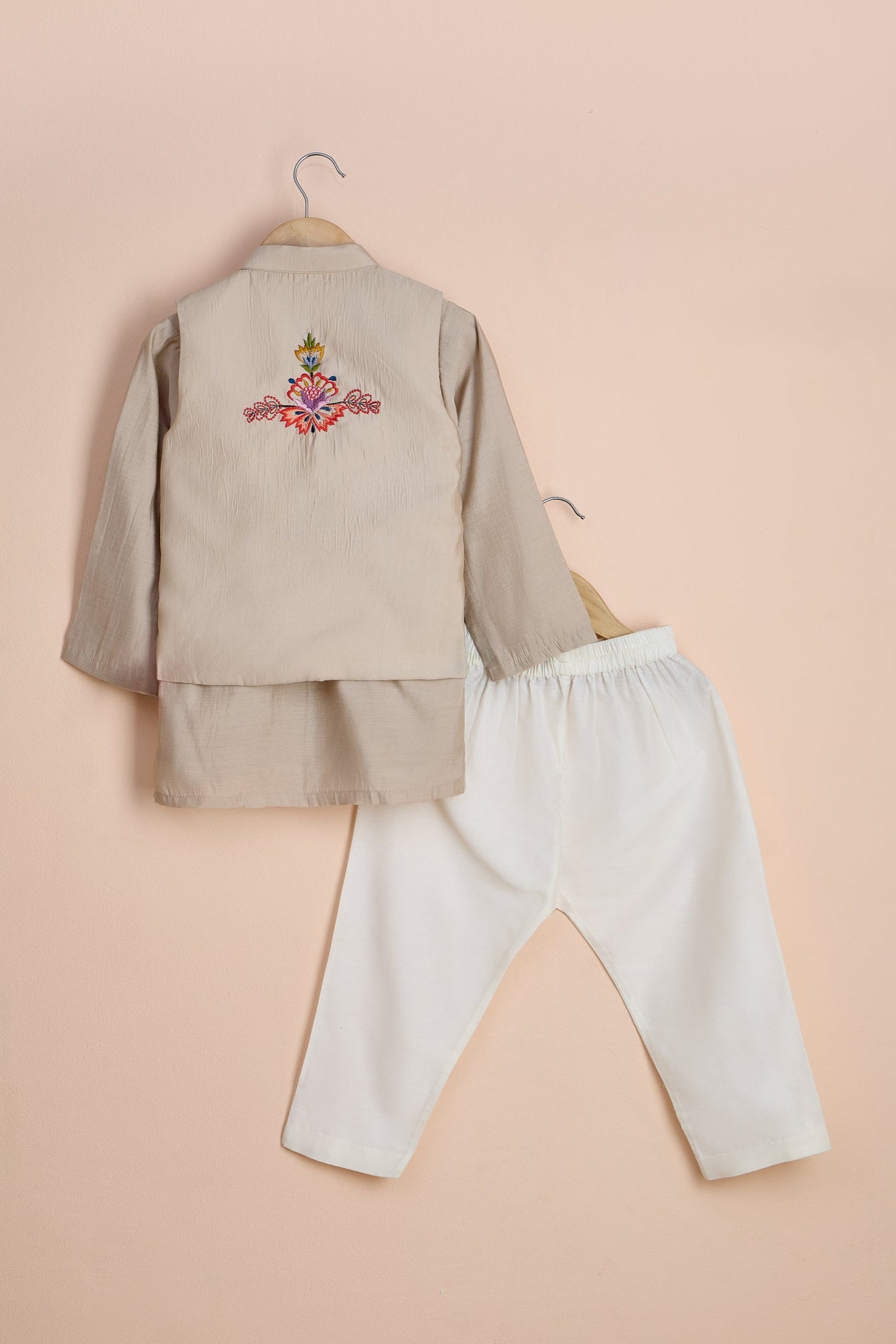 Bagula Beige Kurta And Embroidered Front Open Jacket With Pyjama